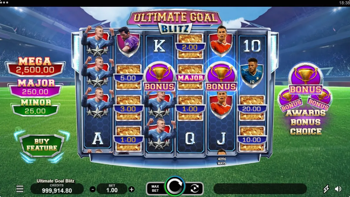 Isang stadium na puno ng mga manonood habang nagaganap ang isang football match sa Ultimate Goal Blitz slot.